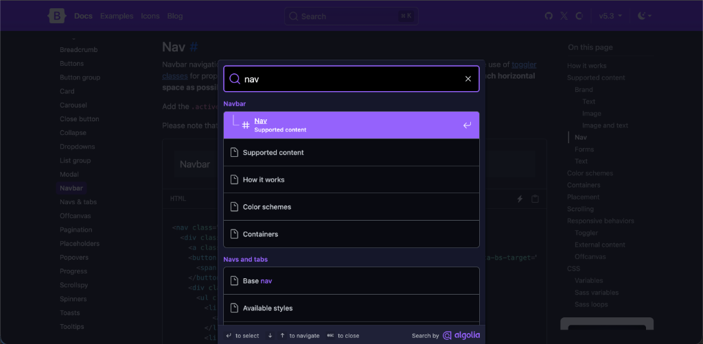 Searching for Nav components in Bootstrap Documentation