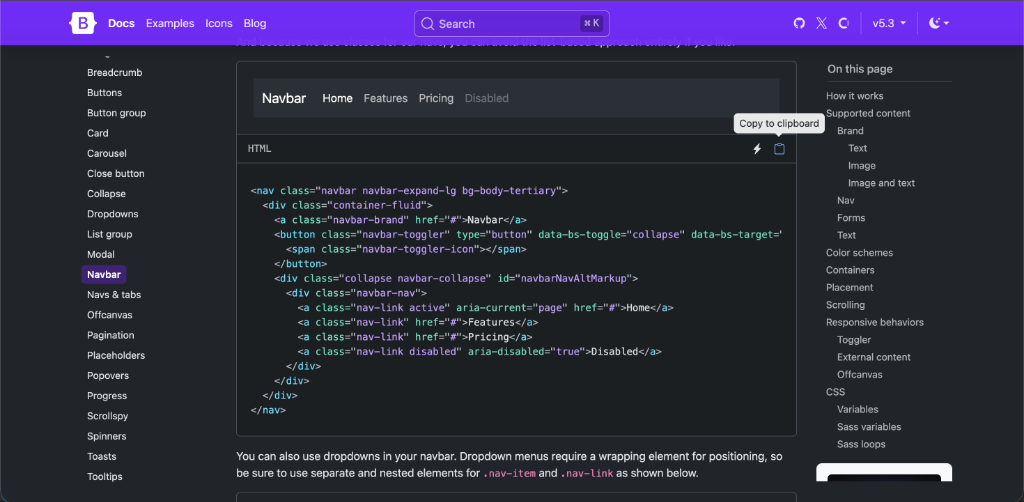 Copying Navbar example from Bootstrap Documentation