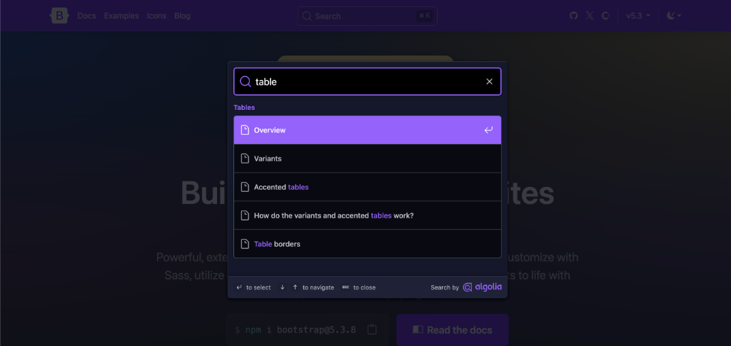 การค้นหาเอกสารตารางของ Bootstrap